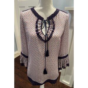 TORY BURCH Silk Blend Embroidery Tie-neck Top-Colorful Contrast Blouse SZ XS